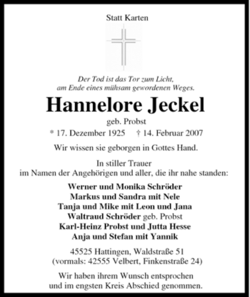 Traueranzeige von Hannelore Jeckel von Tageszeitung