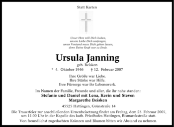 Traueranzeige von Ursula Janning von Tageszeitung