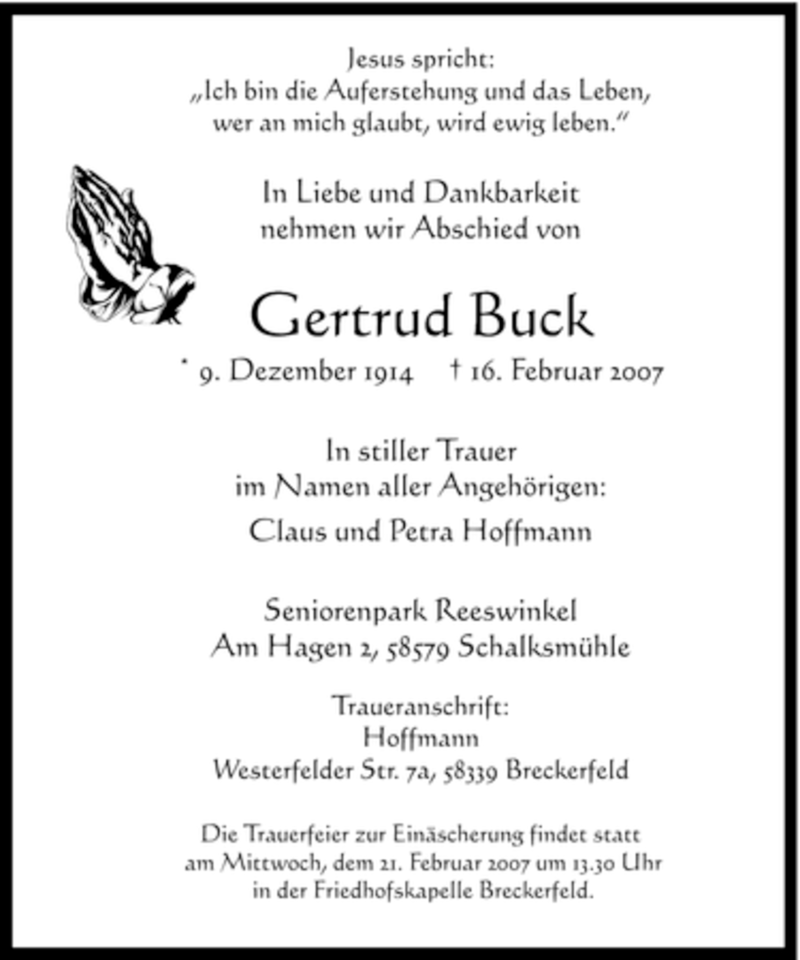 Traueranzeige für Gertrud Buck vom 20.02.2007 aus Tageszeitung