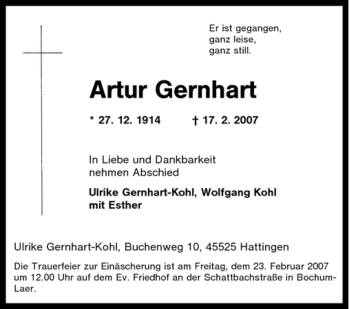 Traueranzeige von Artur Gernhart von Tageszeitung