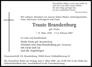 Traueranzeige von Traute Brandenburg von Tageszeitung