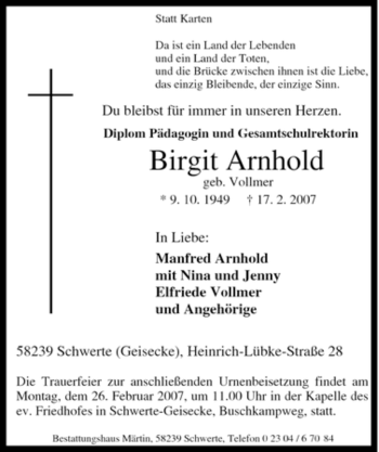 Traueranzeige von Birgit Arnhold von Tageszeitung
