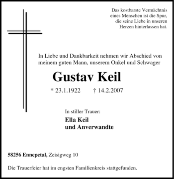 Traueranzeige von Gustav Keil von Tageszeitung