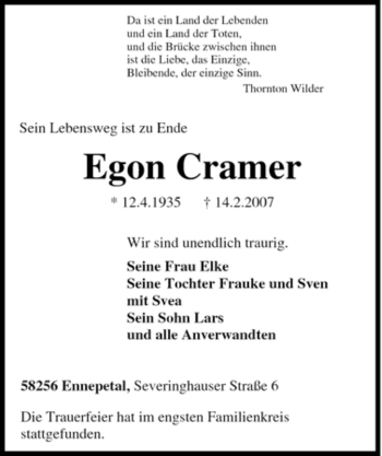 Traueranzeige von Egon Cramer von Tageszeitung