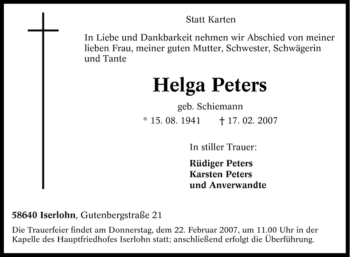 Traueranzeige von Helga Peters von Tageszeitung