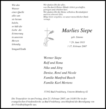 Traueranzeige von Marlies Siepe von Tageszeitung