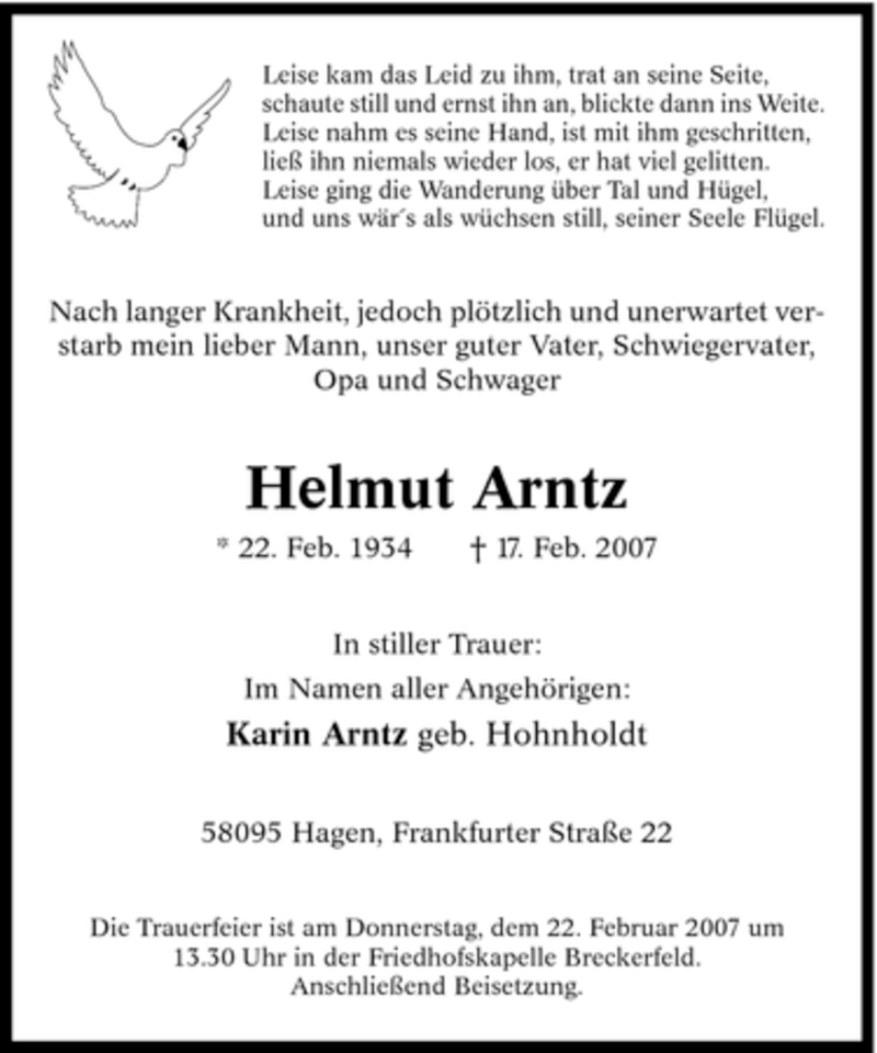  Traueranzeige für Helmut Arntz vom 20.02.2007 aus Tageszeitung