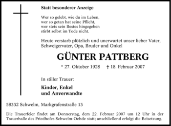 Traueranzeige von Günter Pattberg von Tageszeitung