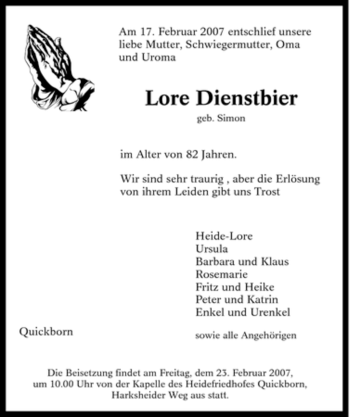 Traueranzeige von Lore Dienstbier von Tageszeitung