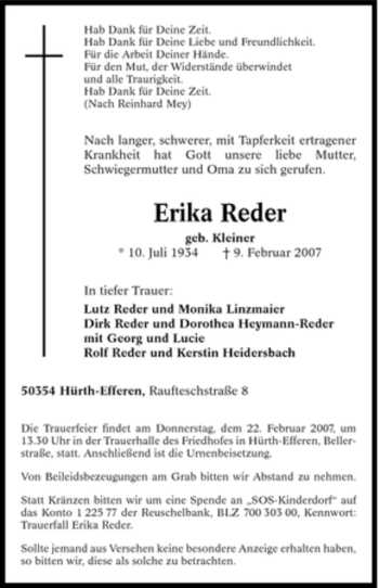 Traueranzeige von Erika Reder von Tageszeitung