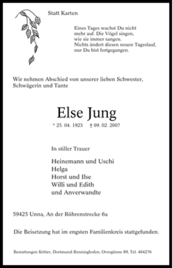 Traueranzeige von Else Jung von Tageszeitung