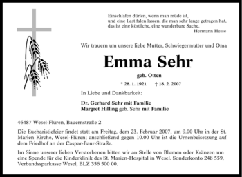 Traueranzeige von Emma Sehr von Tageszeitung