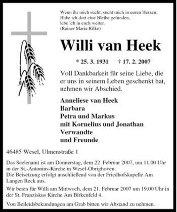Traueranzeige von Willi van Heek von Tageszeitung
