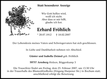 Traueranzeige von Erhard Fröhlich von Tageszeitung