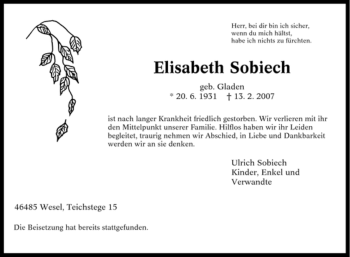 Traueranzeige von Elisabeth Sobiech von Tageszeitung