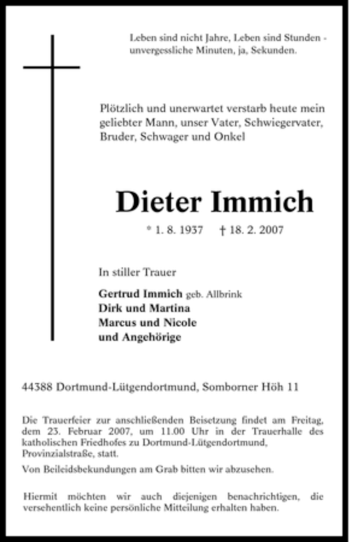 Traueranzeige von Dieter Immich von Tageszeitung