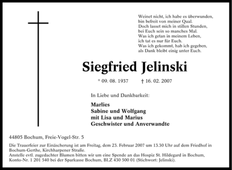  Traueranzeige für Siegfried Jelinski vom 20.02.2007 aus Tageszeitung