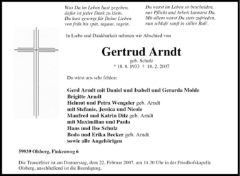 Traueranzeige von Gertrud Arndt von Tageszeitung