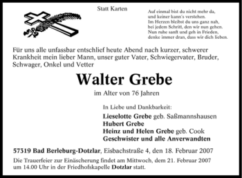 Traueranzeige von Walter Grebe von Tageszeitung