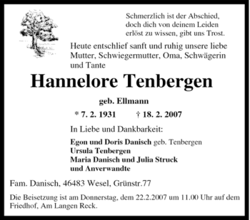 Traueranzeige von Hannelore Tenbergen von Tageszeitung