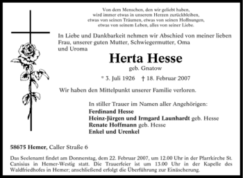 Traueranzeige von Herta Hesse von Tageszeitung