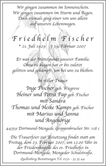 Traueranzeige von Friedhelm Fischer von Tageszeitung