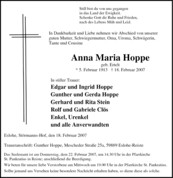 Traueranzeige von Anna Maria Hoppe von Tageszeitung