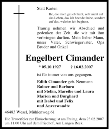 Traueranzeige von Engelbert Cimander von Tageszeitung