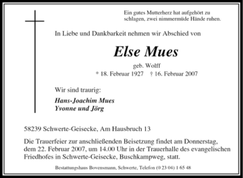 Traueranzeige von Else Mues von Tageszeitung
