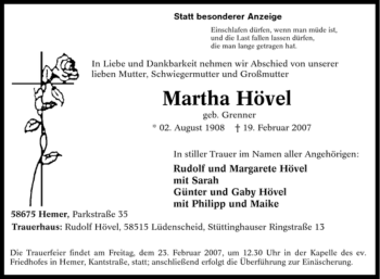 Traueranzeige von Martha Hövel von Tageszeitung