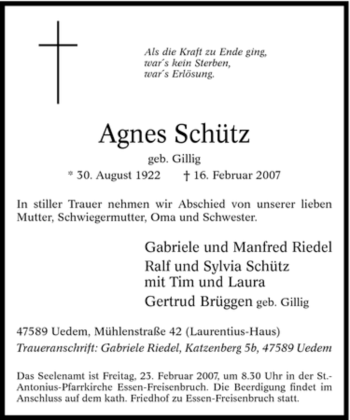 Traueranzeige von Agnes Schütz von Tageszeitung