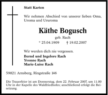 Traueranzeige von Käthe Bogusch von Tageszeitung