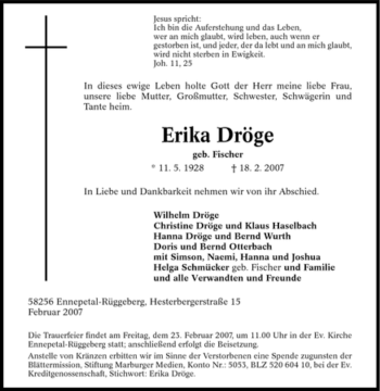 Traueranzeige von Erika Dröge von Tageszeitung