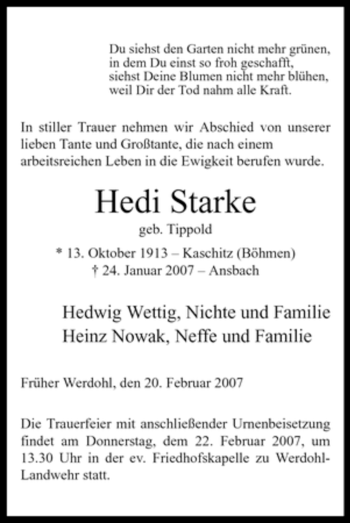 Traueranzeige von Hedi Starke von Tageszeitung