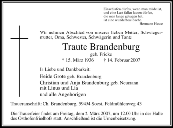Traueranzeige von Traute Brandenburg von Tageszeitung