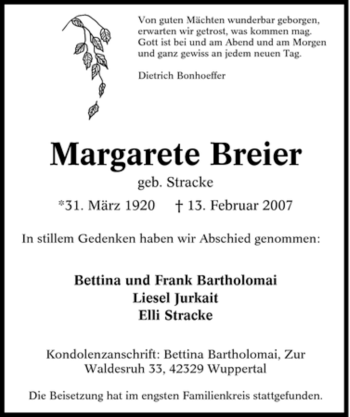 Traueranzeige von Margarete Breier von Tageszeitung