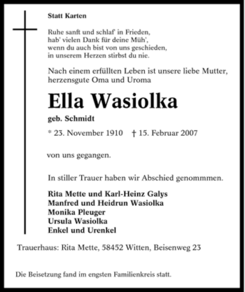 Traueranzeige von Ella Wasiolka von Tageszeitung