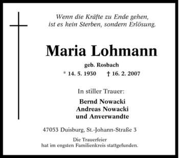 Traueranzeige von Maria Lohmann von Tageszeitung