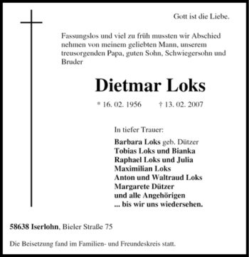 Traueranzeige von Dietmar Loks von Tageszeitung