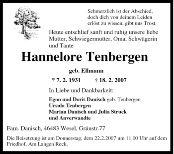 Traueranzeige von Hannelore Tenbergen von Tageszeitung