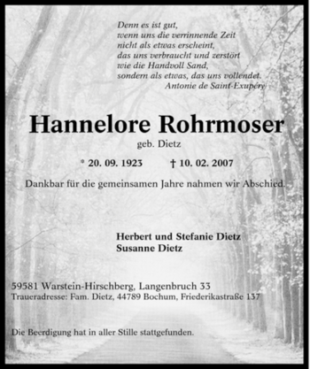 Traueranzeige von Hannelore Rohrmoser von Tageszeitung