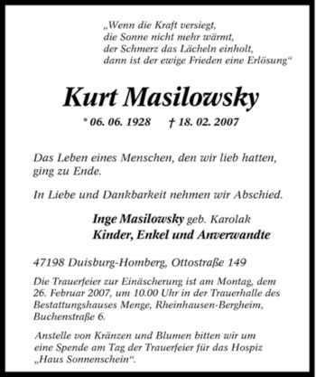 Traueranzeige von Kurt Masilowsky von Tageszeitung