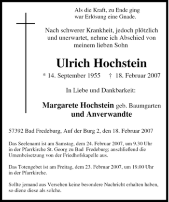 Traueranzeige von lrich Hochstein von Tageszeitung
