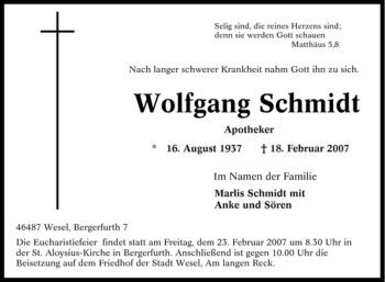 Traueranzeige von Wolfgang Schmidt von Tageszeitung