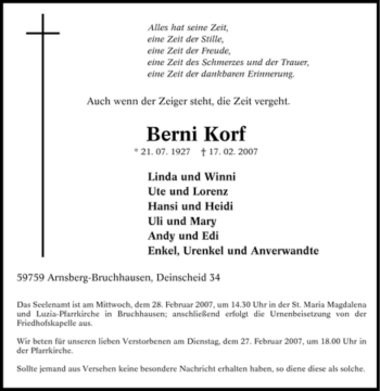 Traueranzeige von Berni Korf von Tageszeitung