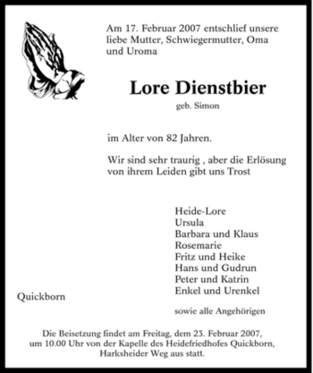 Traueranzeige von Lore Dienstbier von Tageszeitung