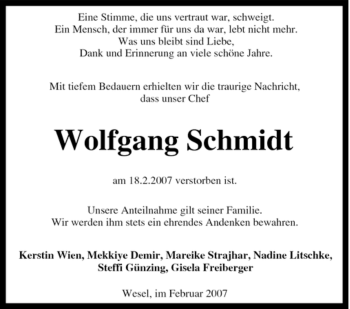 Traueranzeige von Wolfgang Schmidt von Tageszeitung
