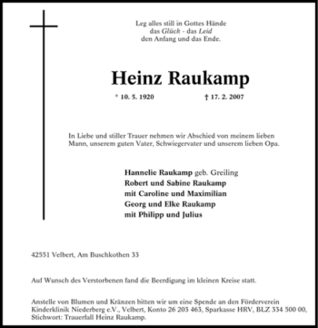Traueranzeige von Heinz Raukamp von Tageszeitung