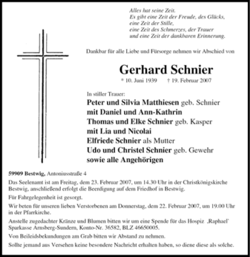 Traueranzeige von Gerhard Schnier von Tageszeitung