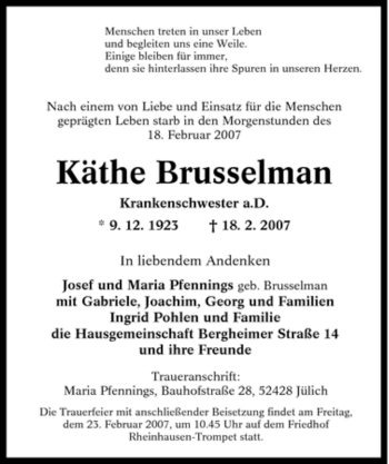 Traueranzeige von Käthe Brusselman von Tageszeitung